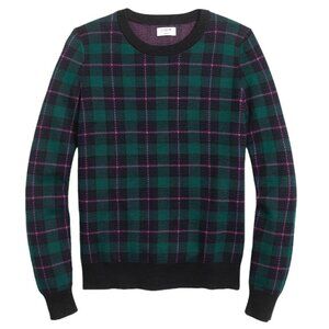 J Crew Green Blue And Purple Cotton Crew Neck Tartan Plaid‎ Teddie Sweater XS